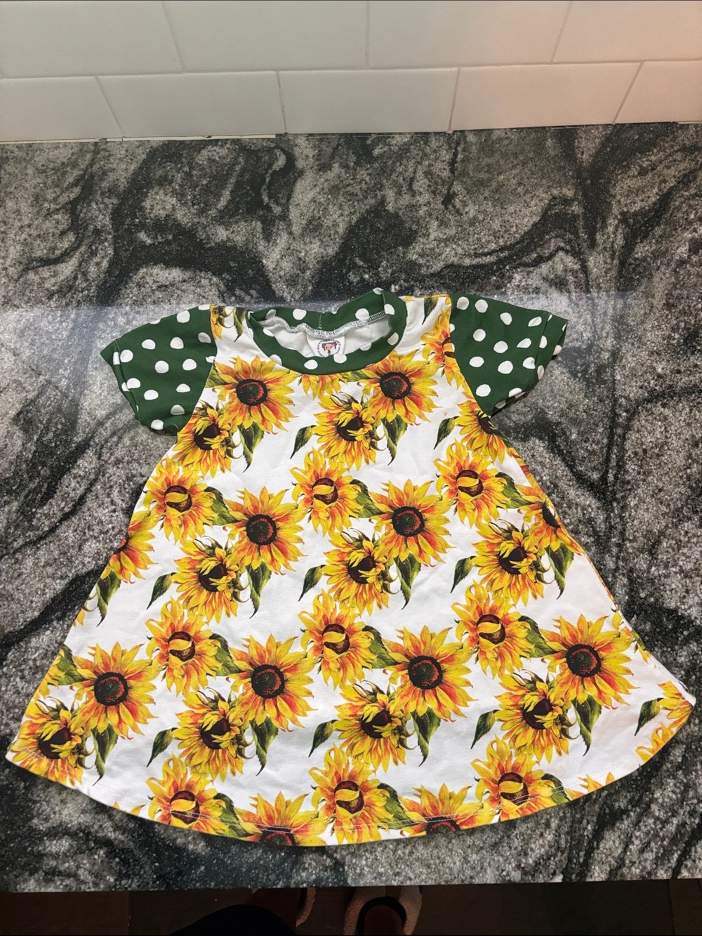 Sunflower Print Girls' Shirt with Green Polka Dot Sleeves